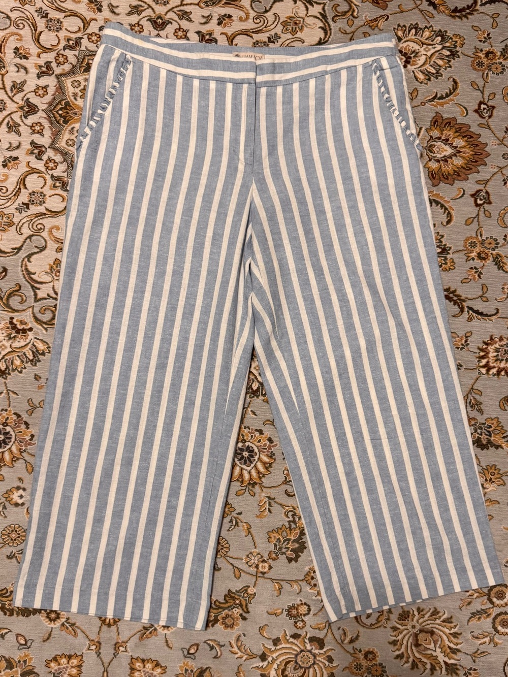 Eliane Rose Wide-leg cropped linen pants / Blue and White Stripes / Size 10